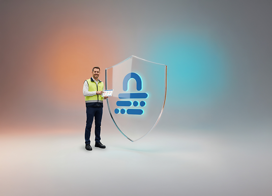 Muž drží tablet s kontrolním seznamem; v pozadí stojí nákladní automobily, nad nimi je symbol zámku pro ochranu